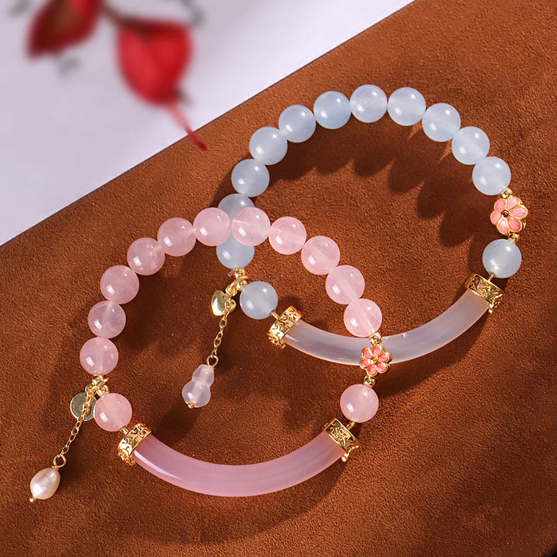 Nimara Ritual Pink Crystal Blue Chalcedony Pearl Cuff Half Bracelet Bangle