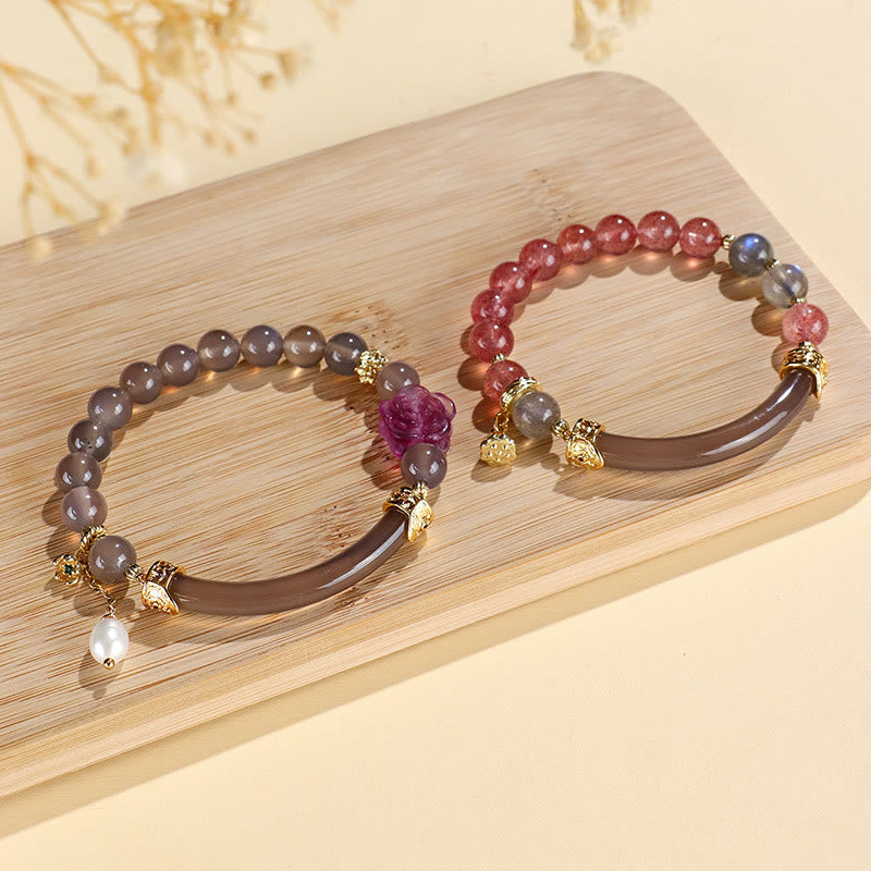Nimara Ritual Strawberry Quartz Labradorite Fluorite Pearl Cuff Half Bracelet Bangle