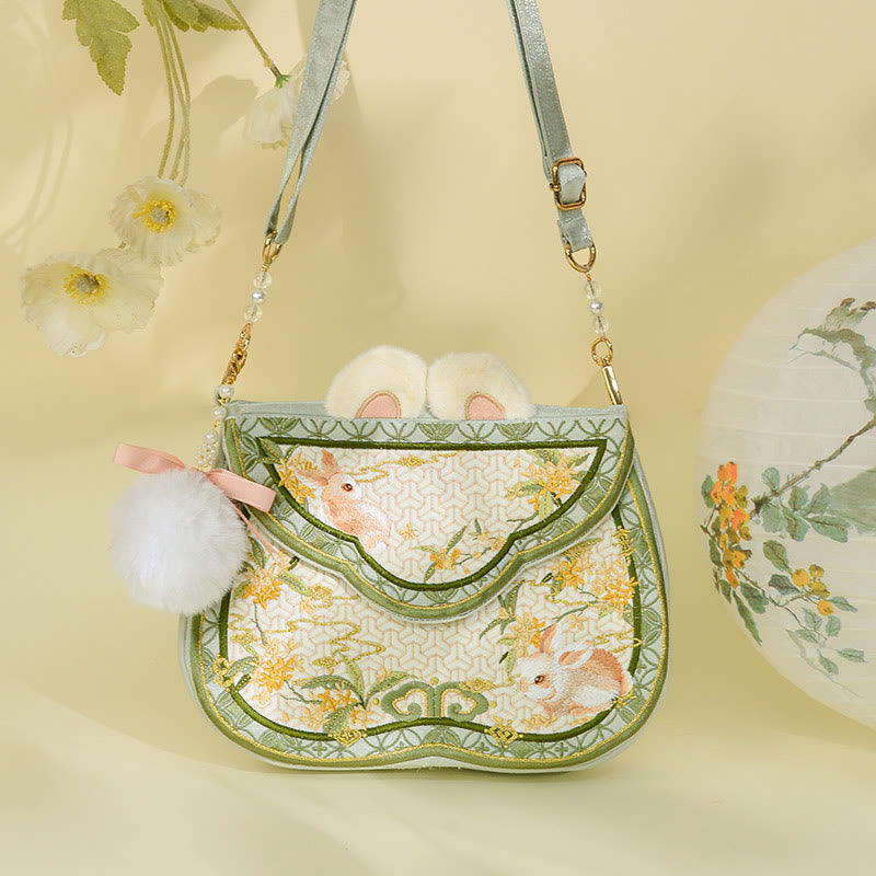 Nimara Ritual Osmanthus Rabbit Embroidery Pearl Chain Furball Tassel Shoulder Bag Crossbody Bag