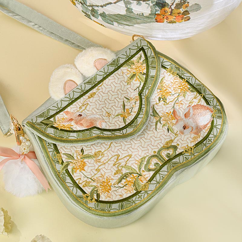 Nimara Ritual Osmanthus Rabbit Embroidery Pearl Chain Furball Tassel Shoulder Bag Crossbody Bag