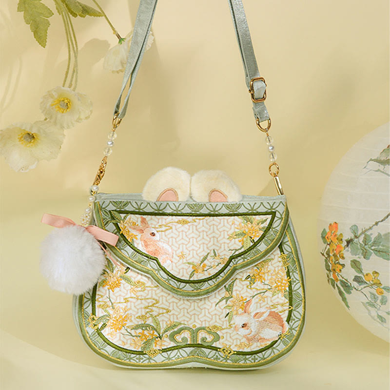 Nimara Ritual Osmanthus Rabbit Embroidery Pearl Chain Furball Tassel Shoulder Bag Crossbody Bag