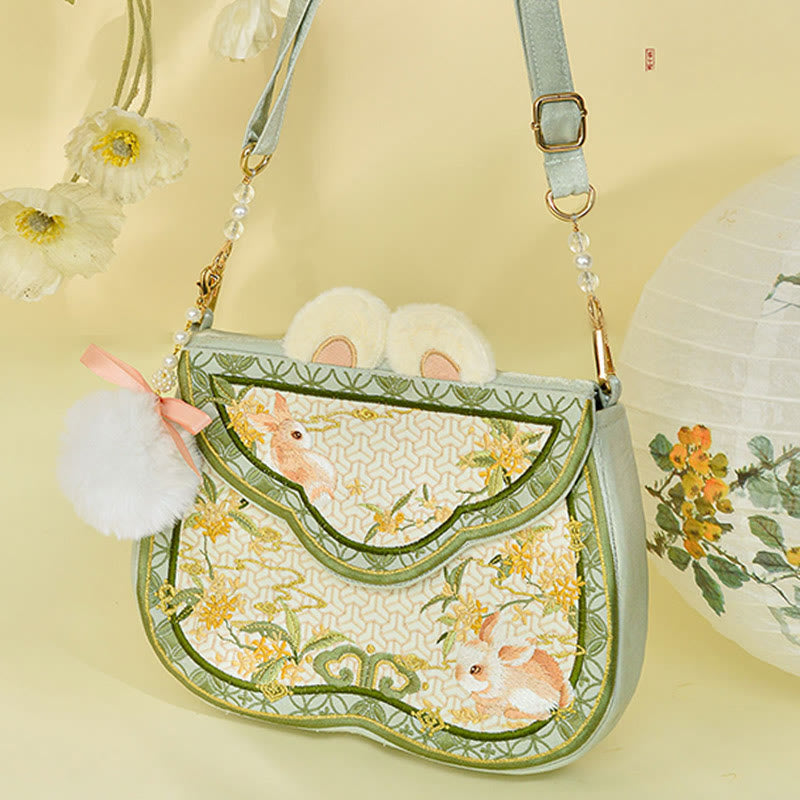 Nimara Ritual Osmanthus Rabbit Embroidery Pearl Chain Furball Tassel Shoulder Bag Crossbody Bag
