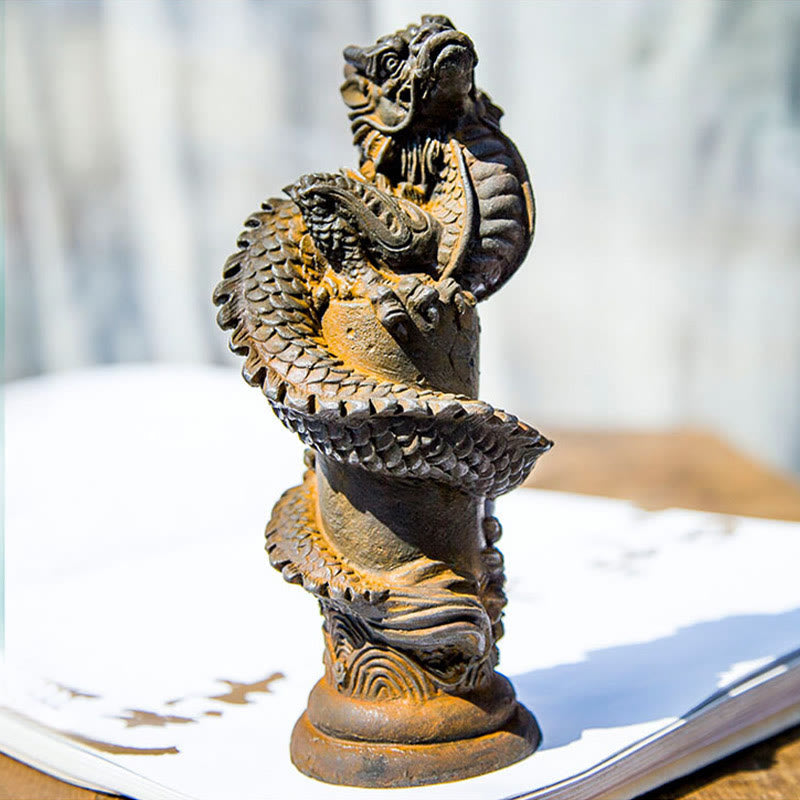 Nimara Ritual Handmade Flying Dragon Around The Pillar Iron Powder Rust Cast Resin Statue Home Decoration