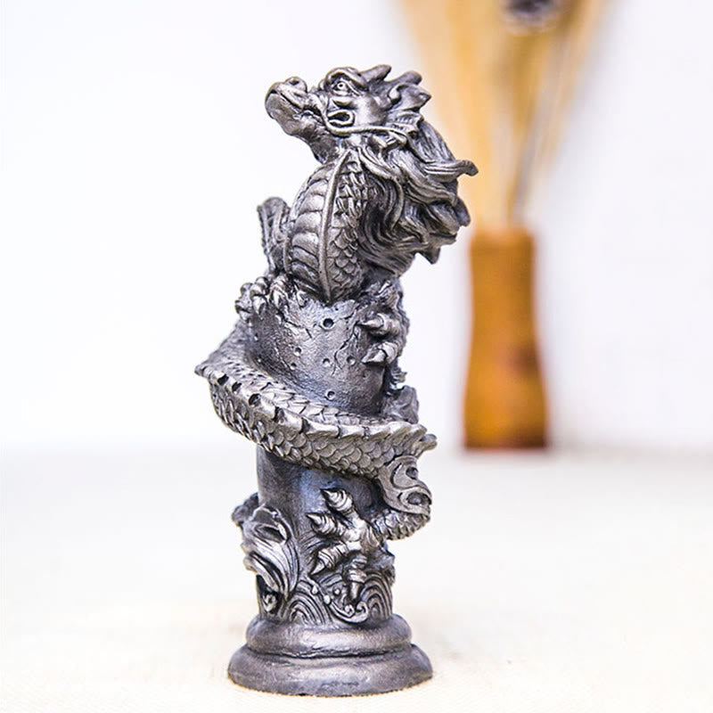 Nimara Ritual Handmade Flying Dragon Around The Pillar Iron Powder Rust Cast Resin Statue Home Decoration