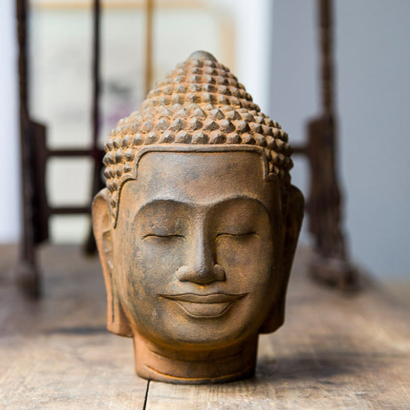 Nimara Ritual Closed Eyes Contemplation Meditating Buddha Head Iron Powder Rust Cast Resin Statue Home Decoration
