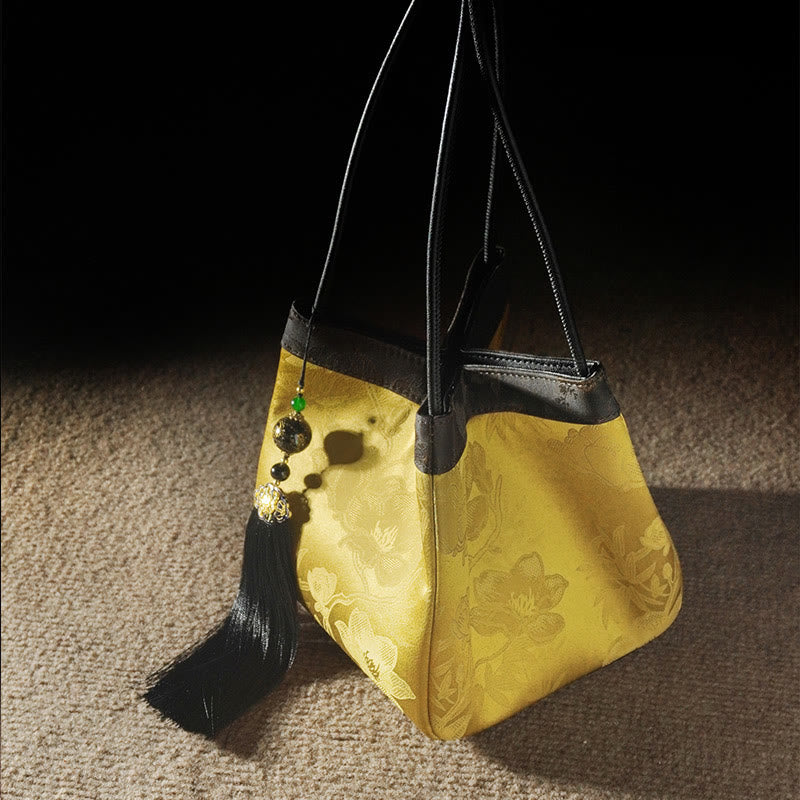 Nimara Ritual Retro Flower Butterfly Bird Embroidery Bead Tassel Mulberry Silk Jacquard Xiangyunsha Silk Shoulder Bag Hangbags