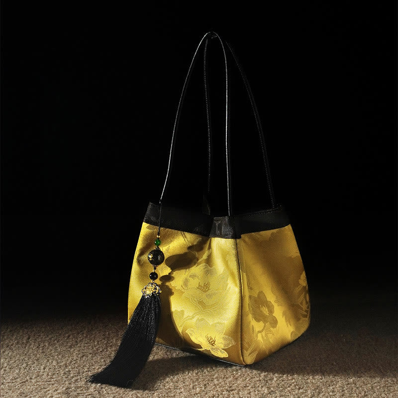 Nimara Ritual Retro Flower Butterfly Bird Embroidery Bead Tassel Mulberry Silk Jacquard Xiangyunsha Silk Shoulder Bag Hangbags