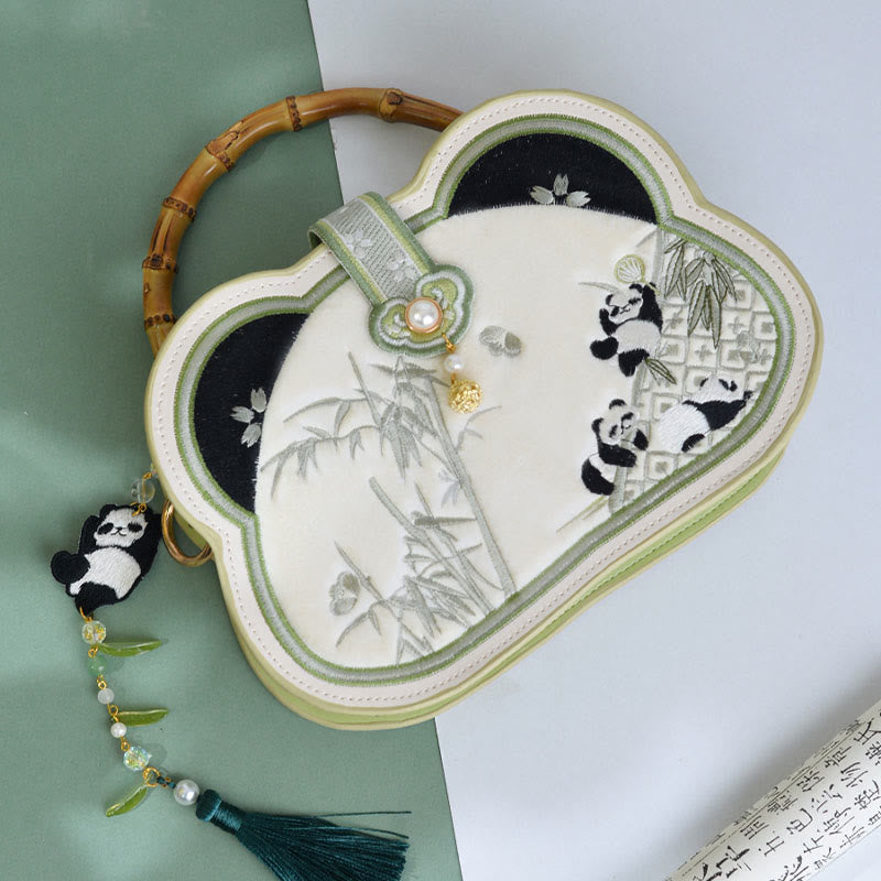 Nimara Ritual Panda Bamboo Embroidery Pearl Chain Chinese Knot Tassel Crossbody Bag Handbags