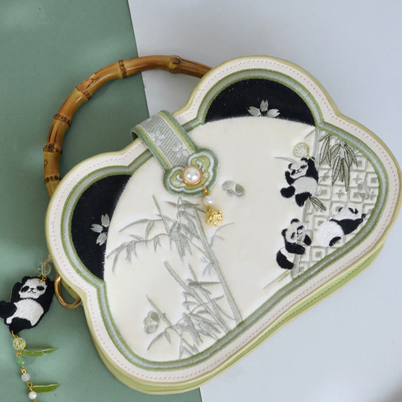 Nimara Ritual Panda Bamboo Embroidery Pearl Chain Chinese Knot Tassel Crossbody Bag Handbags