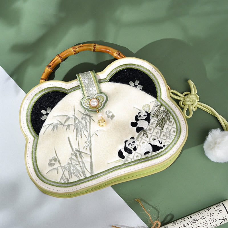 Nimara Ritual Panda Bamboo Embroidery Pearl Chain Chinese Knot Tassel Crossbody Bag Handbags