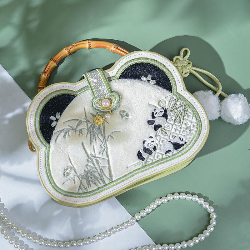 Nimara Ritual Panda Bamboo Embroidery Pearl Chain Chinese Knot Tassel Crossbody Bag Handbags