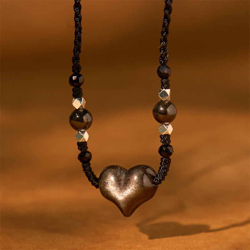 Nimara Ritual Natural Silver Sheen Obsidian Heart Protection Necklace Pendant