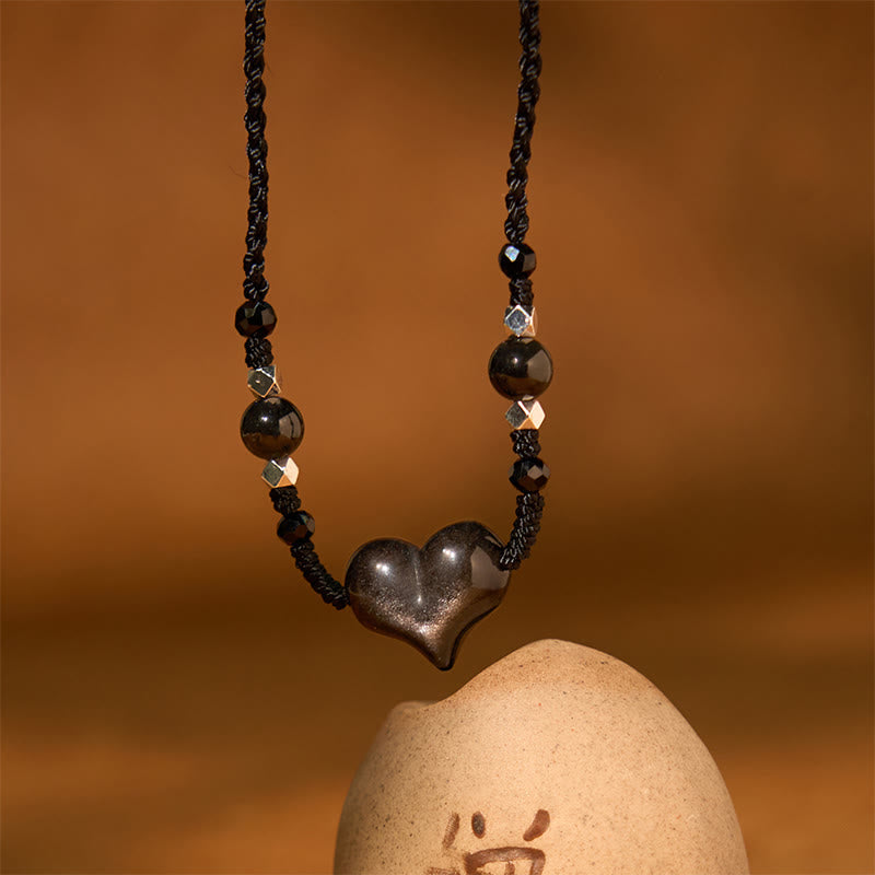 Nimara Ritual Natural Silver Sheen Obsidian Heart Protection Necklace Pendant