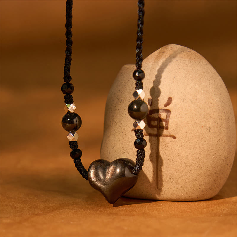 Nimara Ritual Natural Silver Sheen Obsidian Heart Protection Necklace Pendant