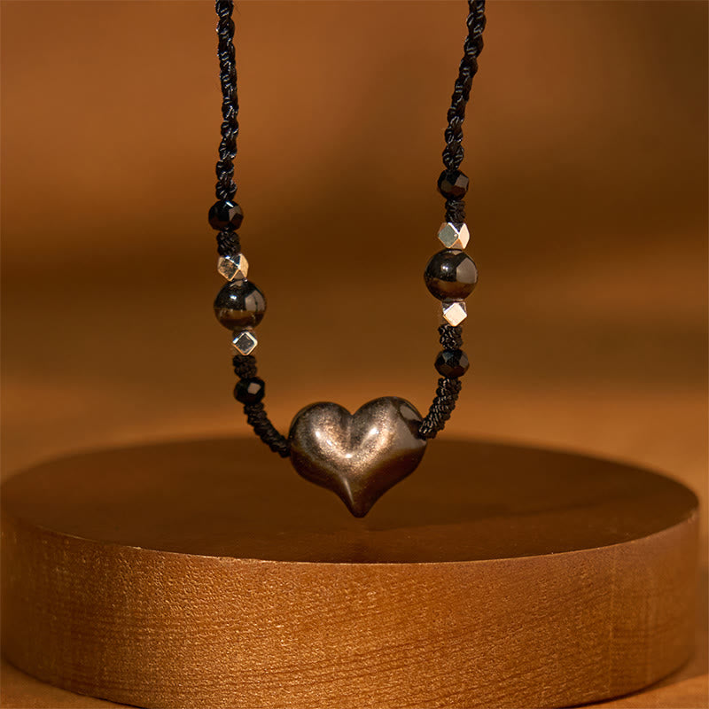Nimara Ritual Natural Silver Sheen Obsidian Heart Protection Necklace Pendant