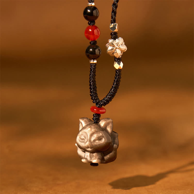 Nimara Ritual Natural Silver Sheen Obsidian Nine Tailed Fox Protection Necklace Pendant