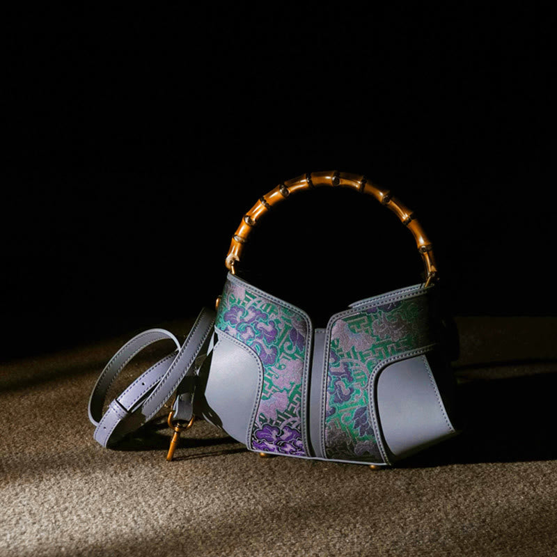 Nimara Ritual Retro Peony Branches Bamboo Handle Song Brocade Xiangyunsha Silk Crossbody Bag Hangbags