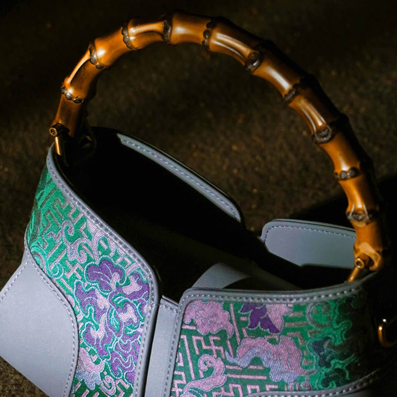 Nimara Ritual Retro Peony Branches Bamboo Handle Song Brocade Xiangyunsha Silk Crossbody Bag Hangbags