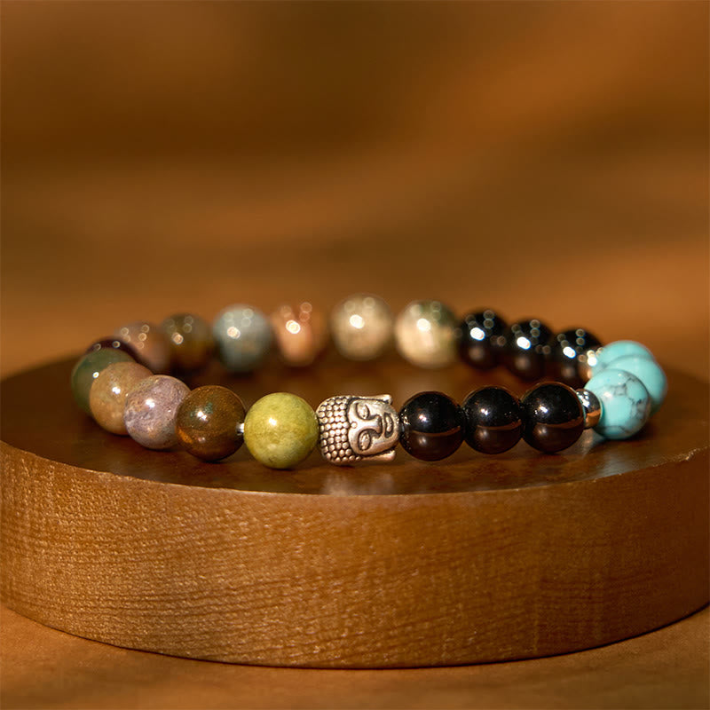Nimara Ritual Natural Black Onyx White Stone Green Aventurine Tiger Eye Agate Mixed Color Buddha Head Protection Bracelet