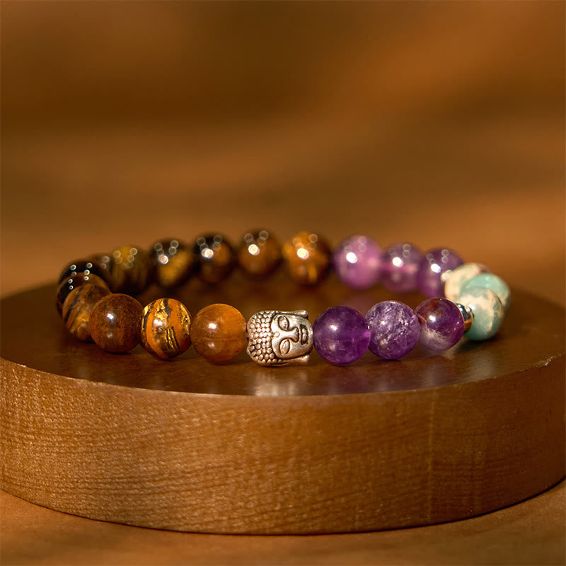 Nimara Ritual Natural Black Onyx White Stone Green Aventurine Tiger Eye Agate Mixed Color Buddha Head Protection Bracelet