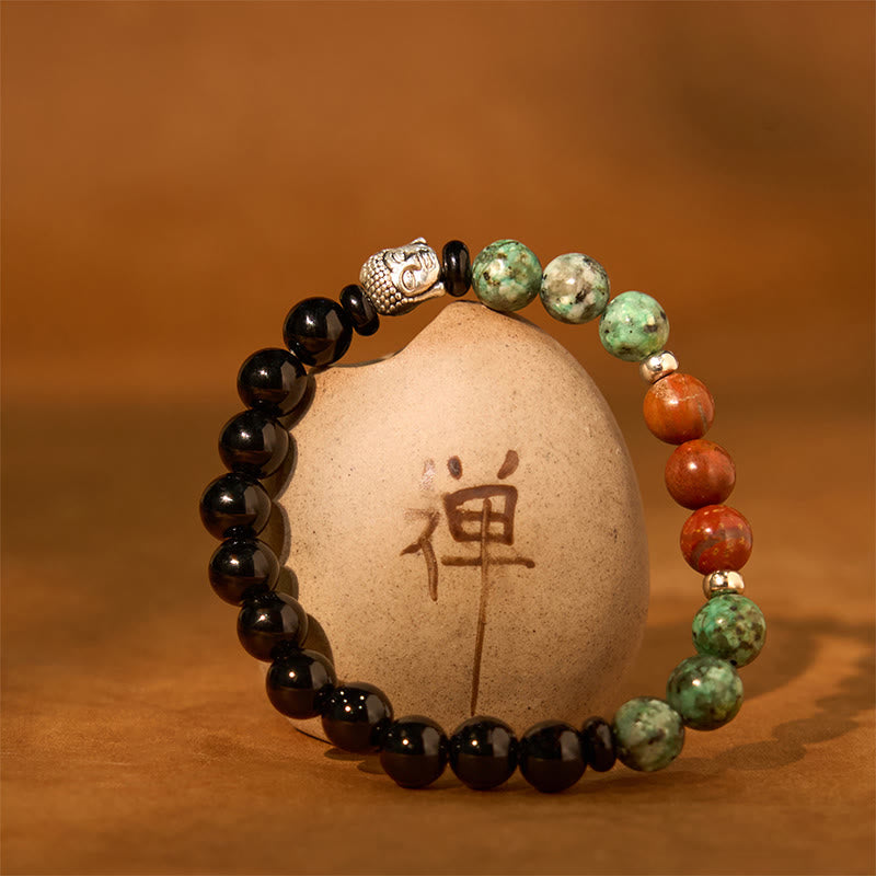 Nimara Ritual Natural Black Onyx White Stone Green Aventurine Tiger Eye Agate Mixed Color Buddha Head Protection Bracelet
