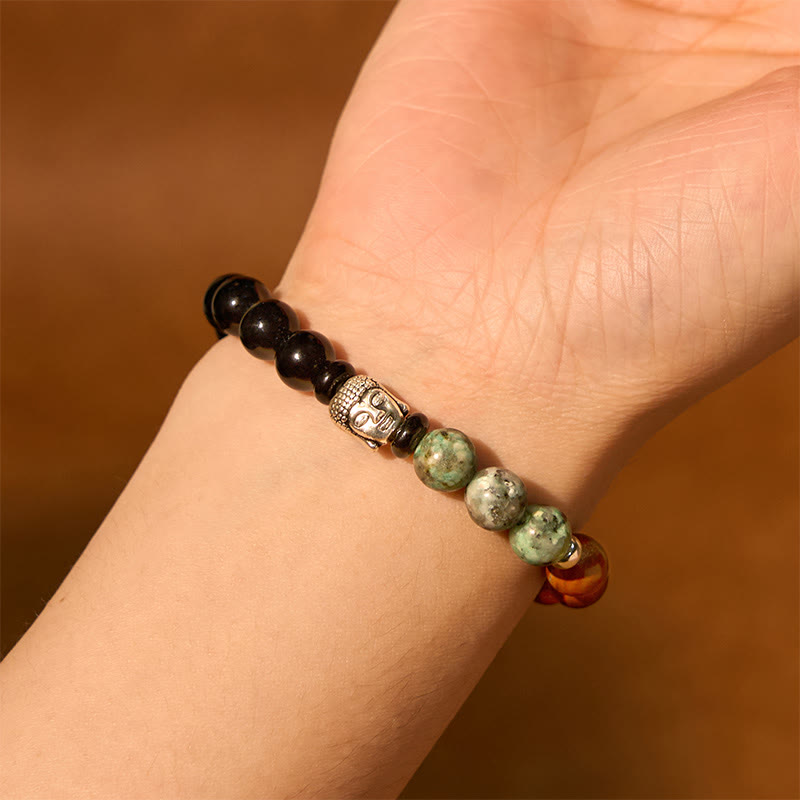 Nimara Ritual Natural Black Onyx White Stone Green Aventurine Tiger Eye Agate Mixed Color Buddha Head Protection Bracelet