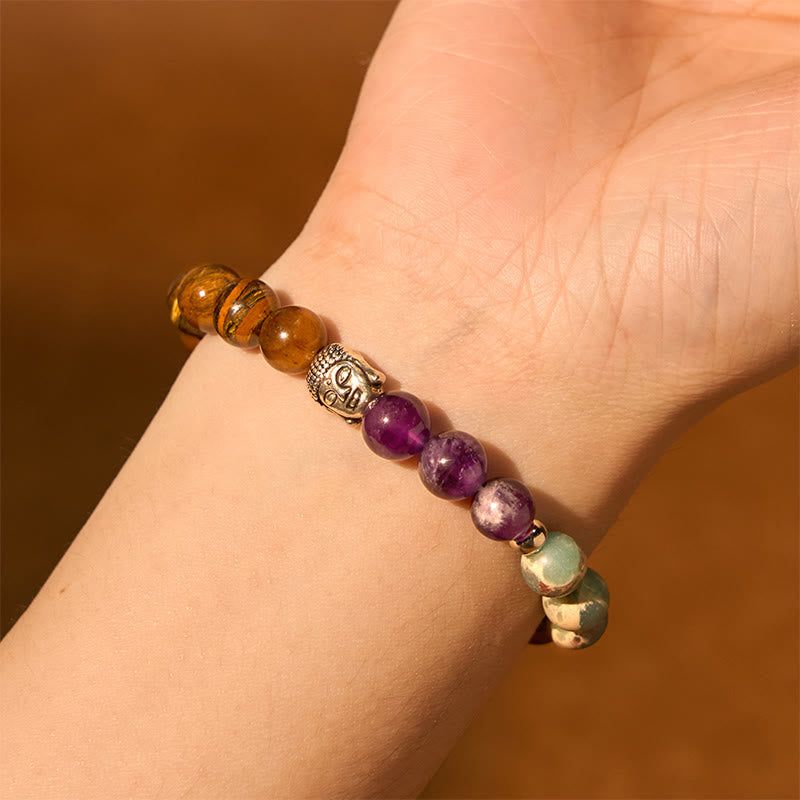 Nimara Ritual Natural Black Onyx White Stone Green Aventurine Tiger Eye Agate Mixed Color Buddha Head Protection Bracelet