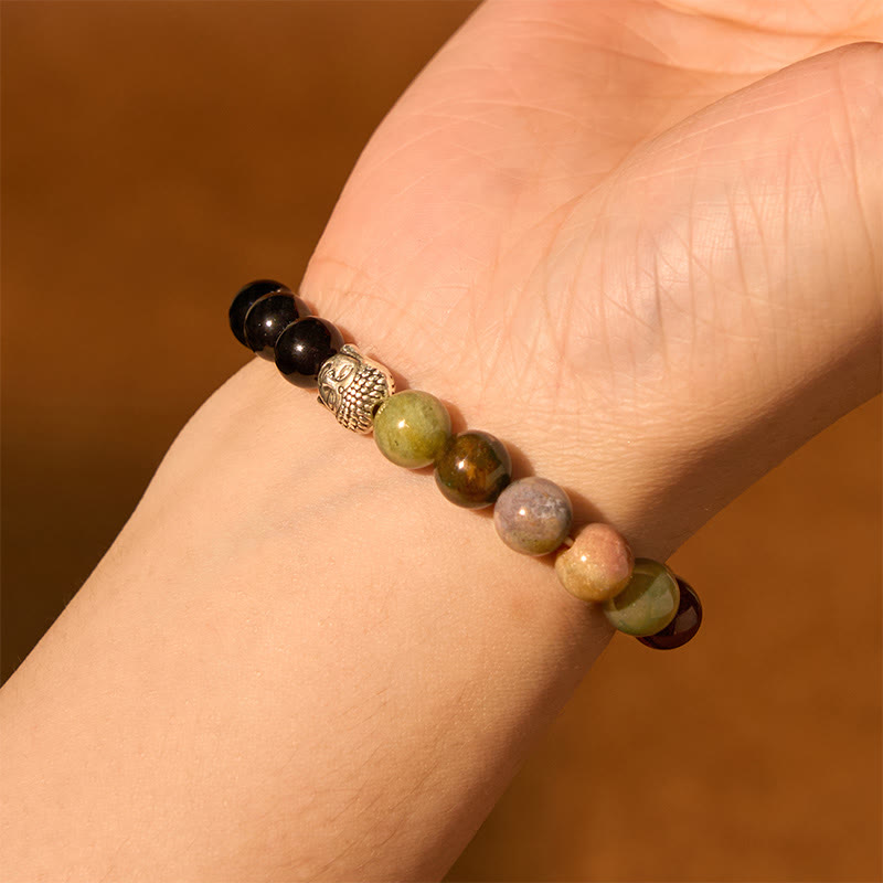 Nimara Ritual Natural Black Onyx White Stone Green Aventurine Tiger Eye Agate Mixed Color Buddha Head Protection Bracelet