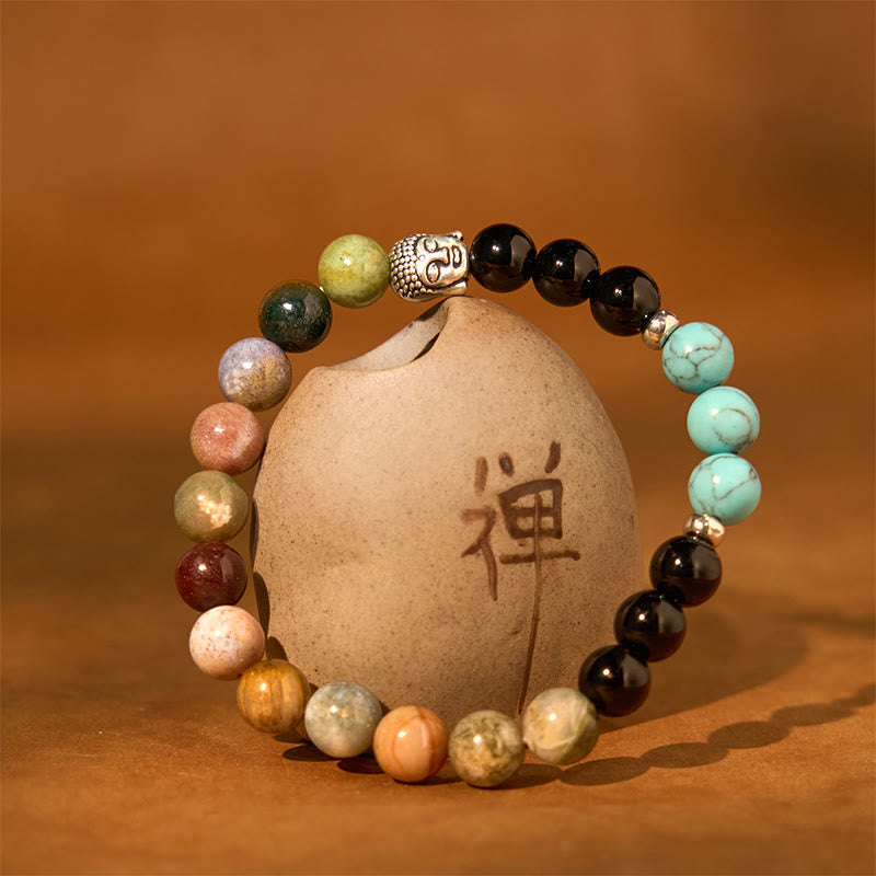 Nimara Ritual Natural Black Onyx White Stone Green Aventurine Tiger Eye Agate Mixed Color Buddha Head Protection Bracelet