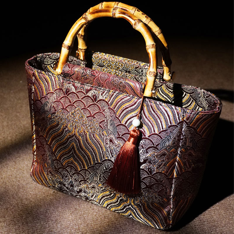 Nimara Ritual Mountain Seawater Wave Pattern Bamboo Handle Bead Tassel Hangbags