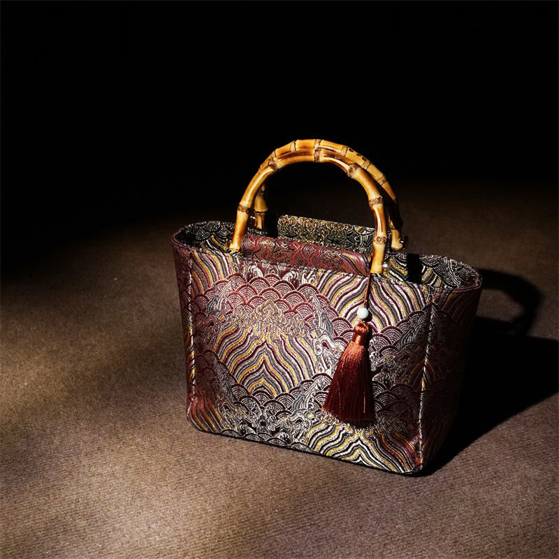 Nimara Ritual Mountain Seawater Wave Pattern Bamboo Handle Bead Tassel Hangbags