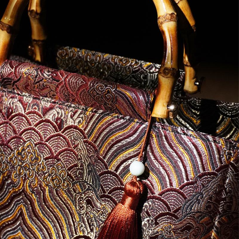Nimara Ritual Mountain Seawater Wave Pattern Bamboo Handle Bead Tassel Hangbags