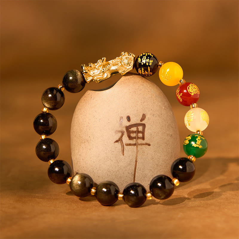 Nimara Ritual Natural Gold Sheen Obsidian PiXiu Five Directions Gods of Wealth Protection Bracelet