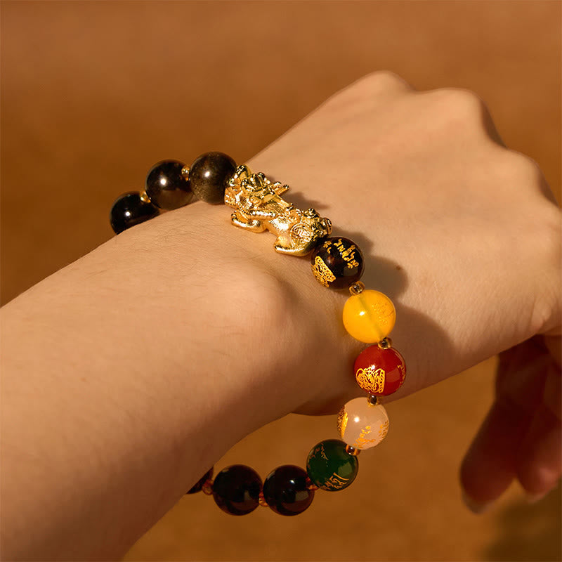Nimara Ritual Natural Gold Sheen Obsidian PiXiu Five Directions Gods of Wealth Protection Bracelet