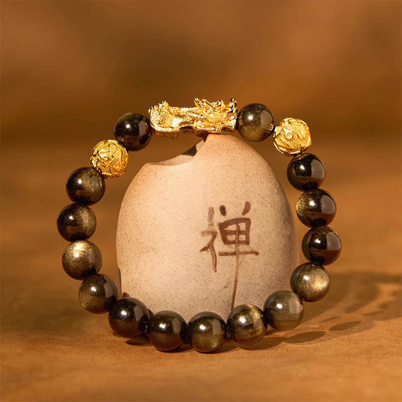 Nimara Ritual Natural Gold Sheen Obsidian PiXiu Om Mani Padme Hum Wealth Bracelet