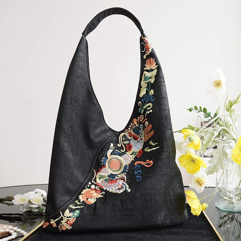 Nimara Ritual Fish Flower Phoenix Embroidery Xiangyunsha Silk Shoulder Bag