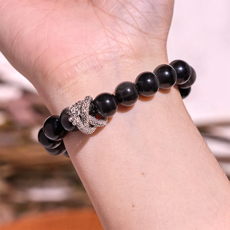 Nimara Ritual Silver Sheen Obsidian Dragon Protection Bracelet