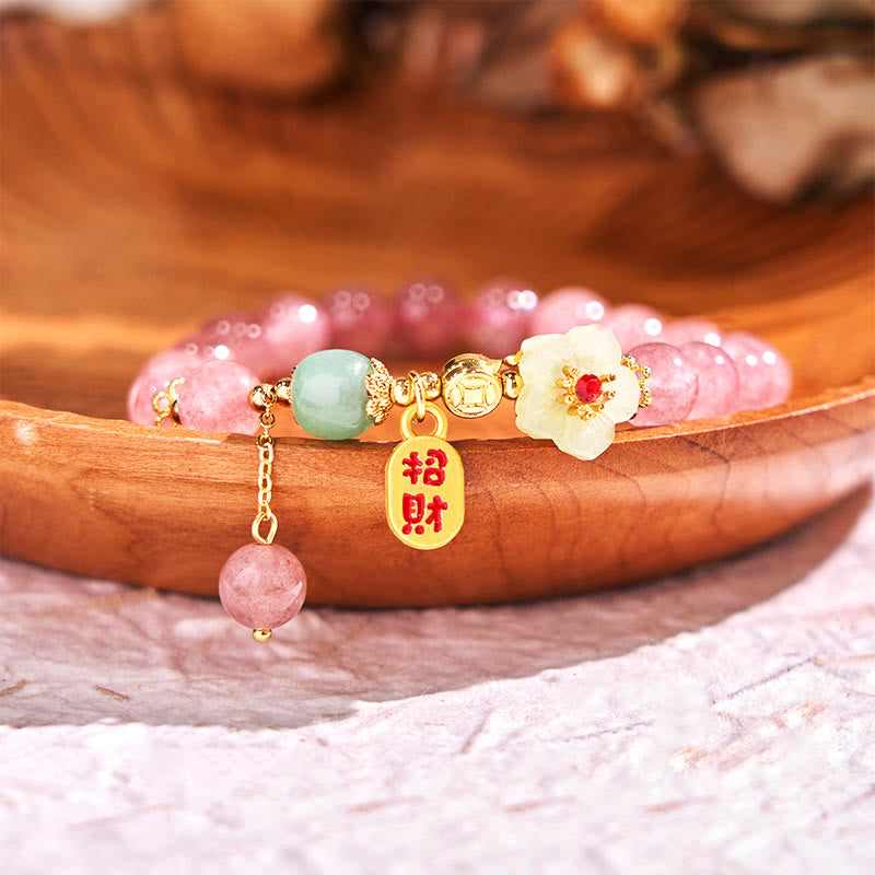Nimara Ritual Natural Strawberry Quartz Blossom Fu Character Positivity Healing Bracelet