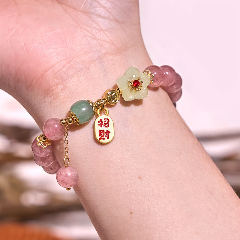 Nimara Ritual Natural Strawberry Quartz Blossom Fu Character Positivity Healing Bracelet