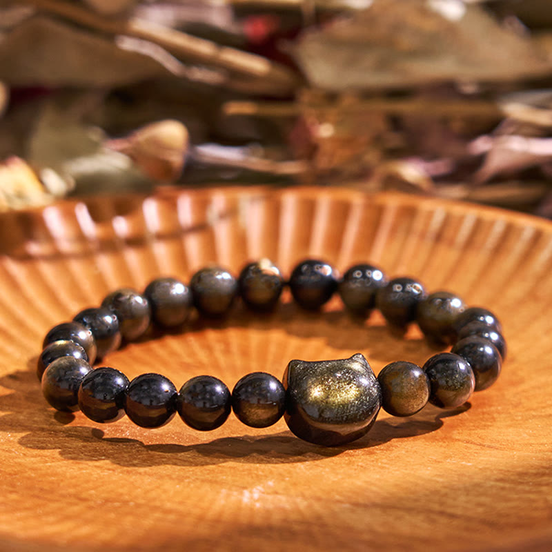 Nimara Ritual Gold Sheen Obsidian Silver Sheen Obsidian Lovely Paw Lucky Cat Protection Bracelet