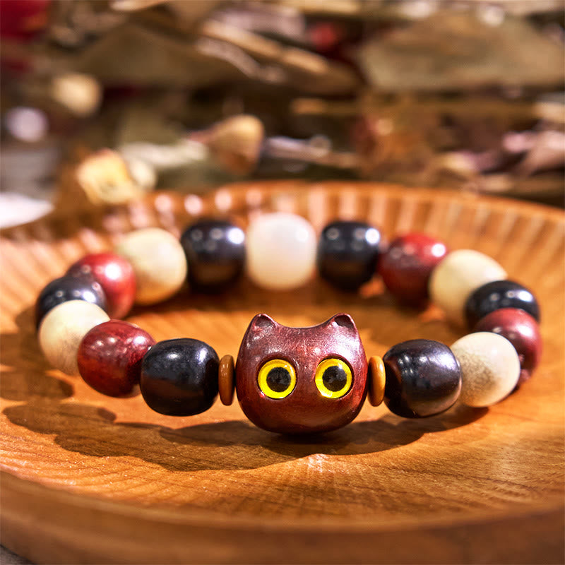Nimara Ritual Small Leaf Red Sandalwood Ebony Wood Cute Cat Engraved Protection Bracelet