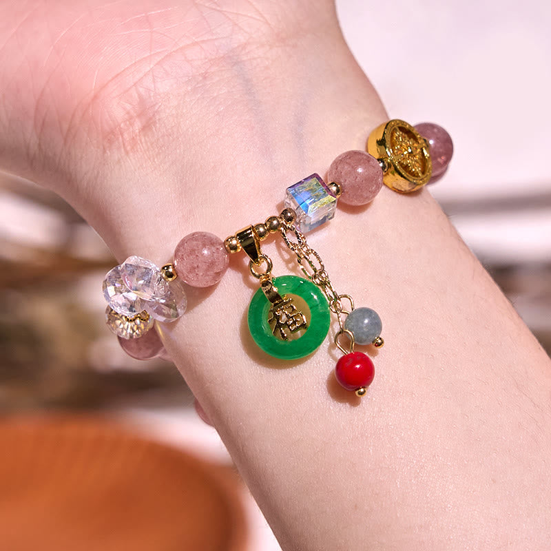 Nimara Ritual Strawberry Quartz Jade Fu Character Charm Healing Bracelet