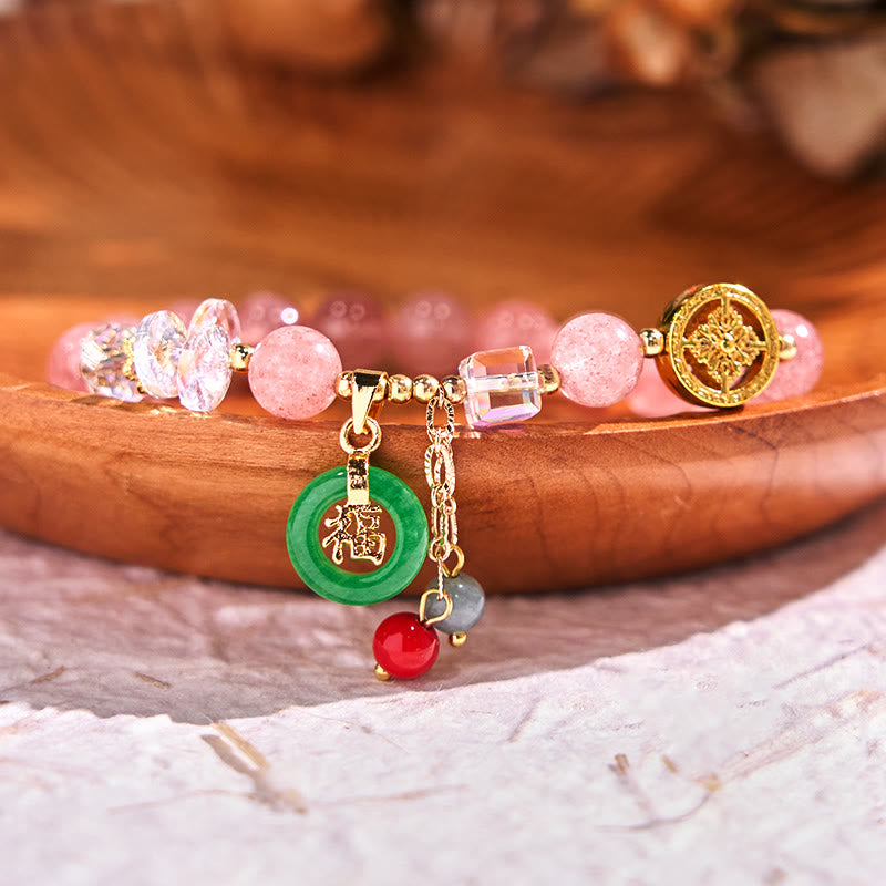 Nimara Ritual Strawberry Quartz Jade Fu Character Charm Healing Bracelet