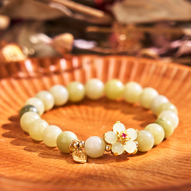Nimara Ritual Green Jade Flower Fu Character Charm Luck Bracelet
