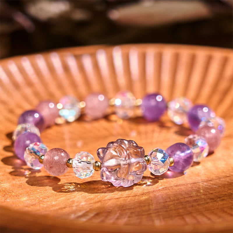 Nimara Ritual Amethyst Strawberry Quartz White Crystal Nine Tailed Fox Meditation Bracelet