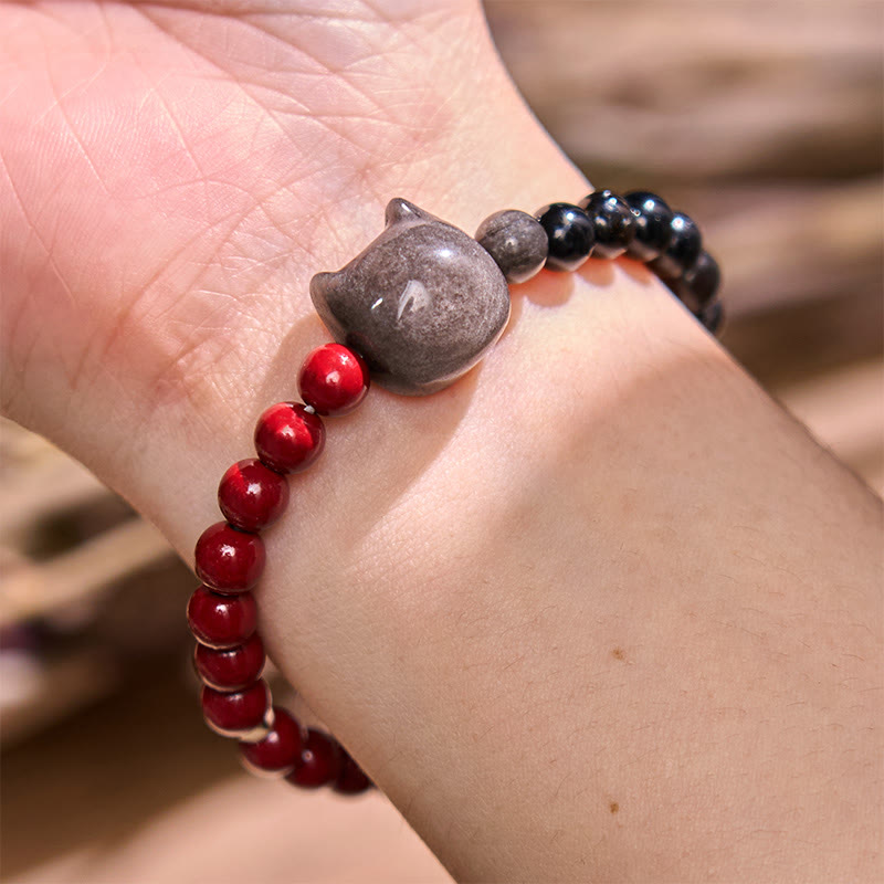 Nimara Ritual Black Obsidian Cinnabar Silver Sheen Obsidian Cat Fulfilment Bracelet