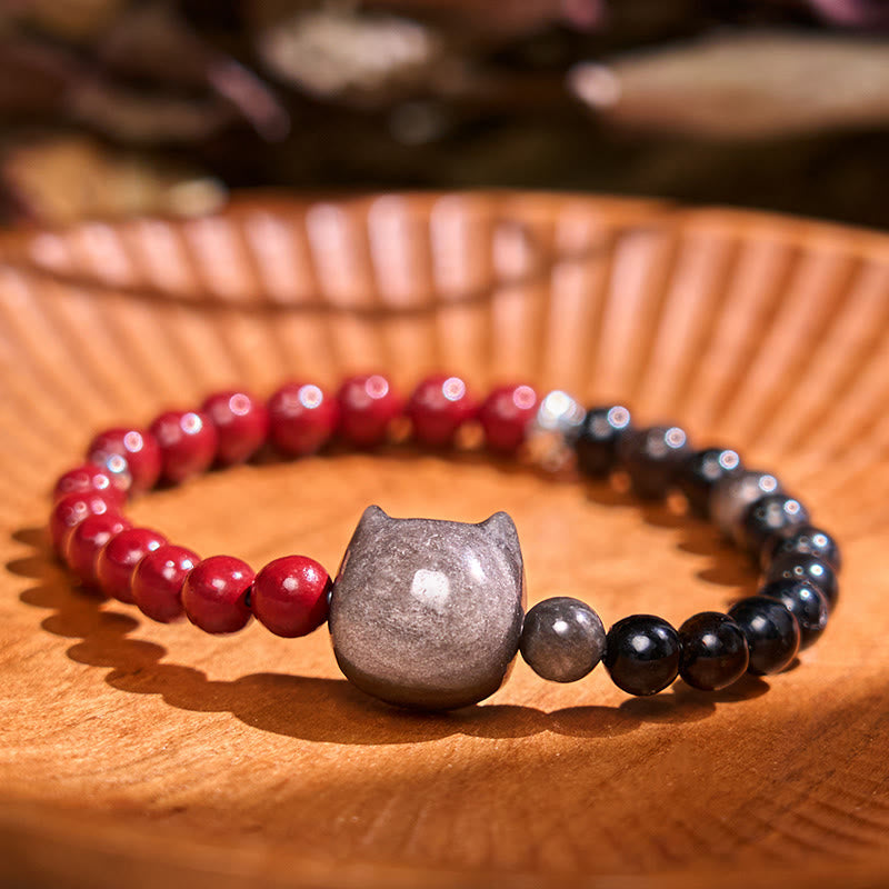 Nimara Ritual Black Obsidian Cinnabar Silver Sheen Obsidian Cat Fulfilment Bracelet