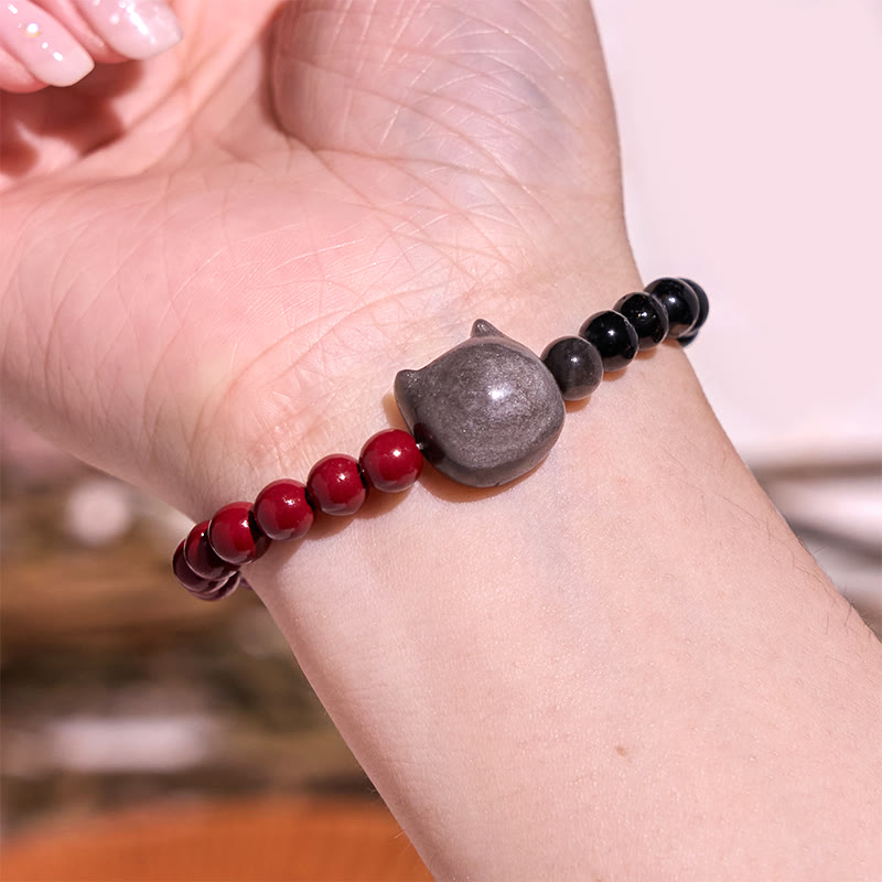 Nimara Ritual Black Obsidian Cinnabar Silver Sheen Obsidian Cat Fulfilment Bracelet