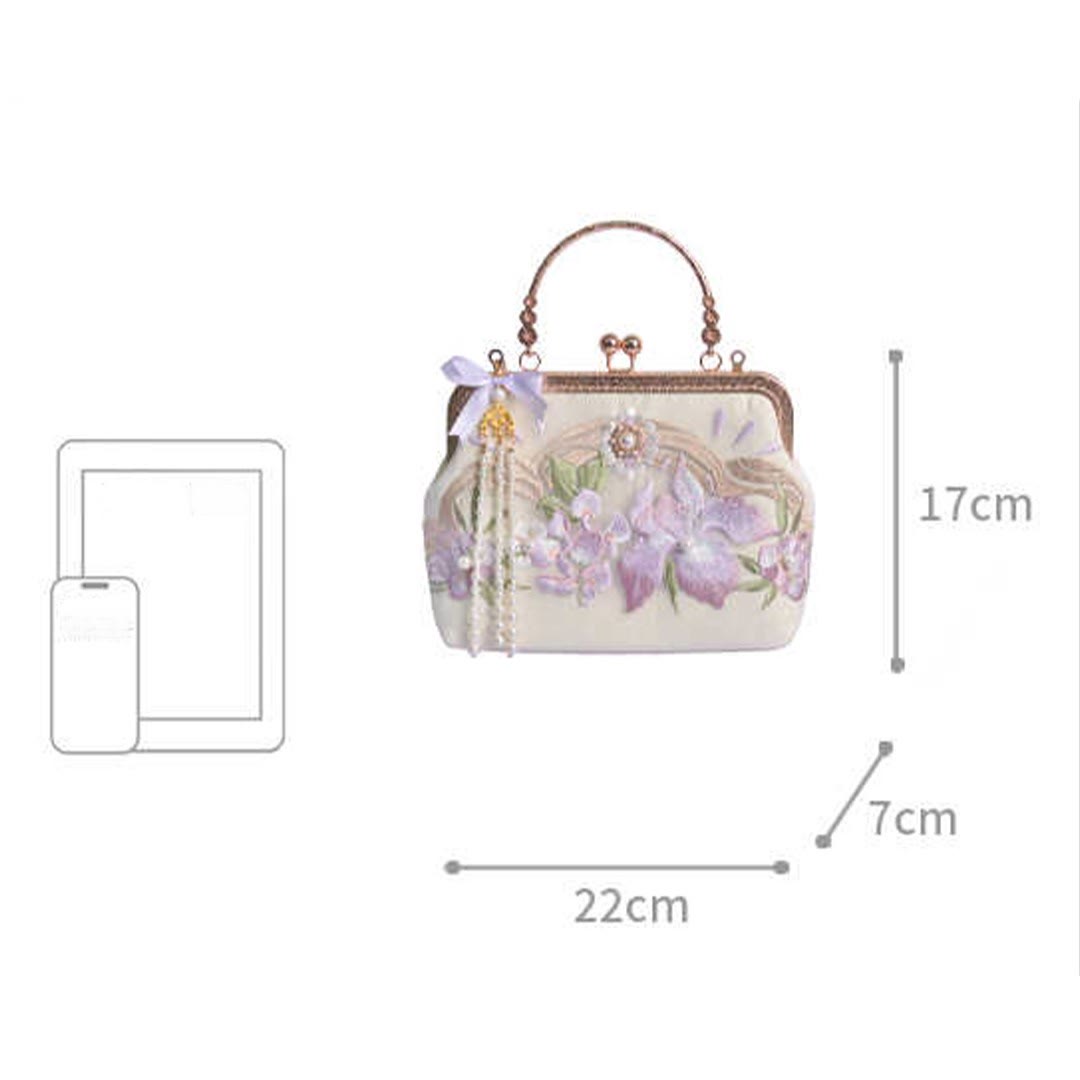 Nimara Ritual Flowers Embroidered Tassel Pendant Pearl Metal Chain Crossbody Bag Handbags
