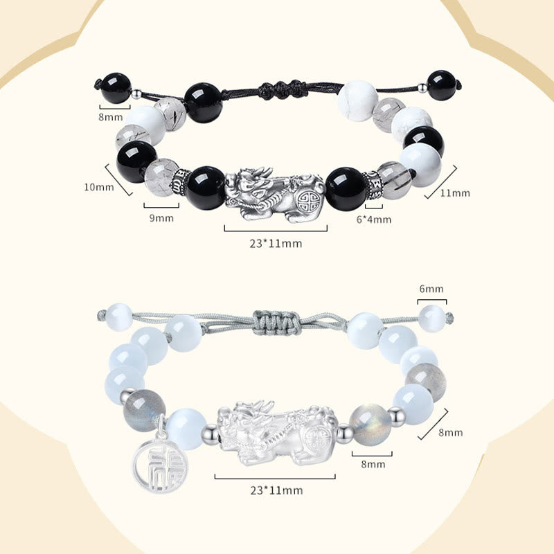 Nimara Ritual Pi Xiu Six True Words 999 Sterling Silver Black Obsidian White Turquoise Chrysoberyl Luck Bracelet